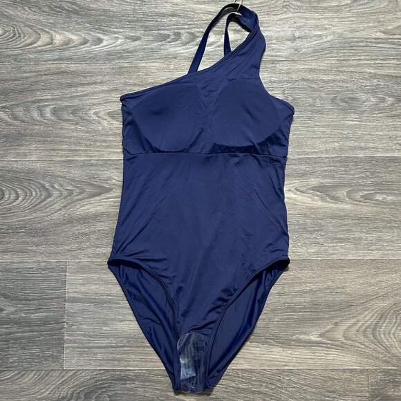 Quince Medium Italian One Shoulder One Piece Swimsuit Swim Wear Navy Blue NWT - Picture 7 of 10